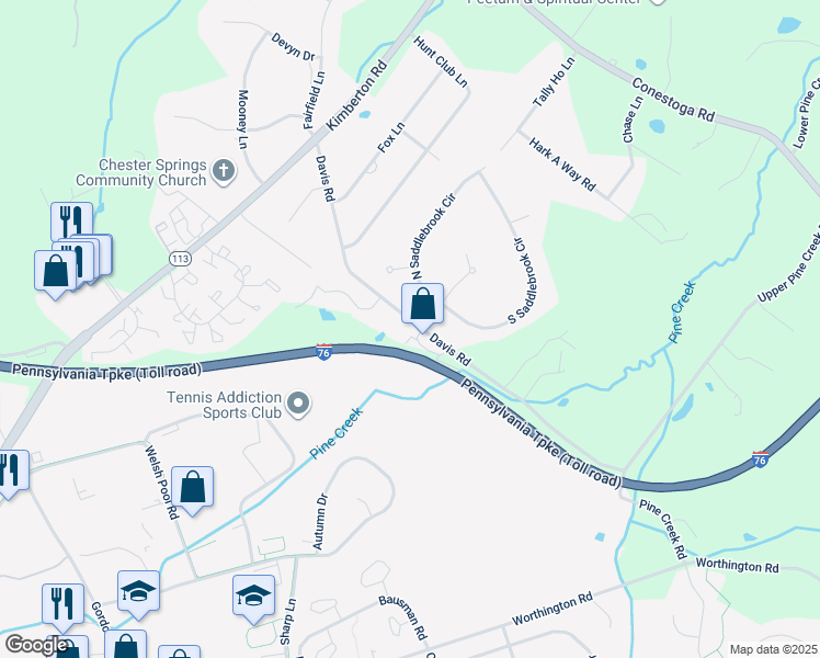map of restaurants, bars, coffee shops, grocery stores, and more near 414 Holly Tree Court in Chester Springs