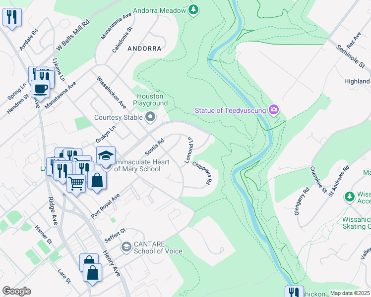map of restaurants, bars, coffee shops, grocery stores, and more near 913 Lomond Lane in Philadelphia