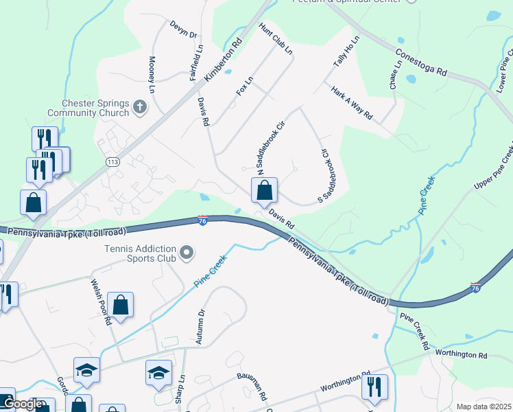 map of restaurants, bars, coffee shops, grocery stores, and more near 414 Holly Tree Court in Chester Springs