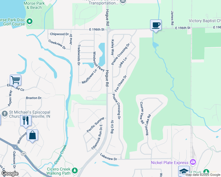 map of restaurants, bars, coffee shops, grocery stores, and more near 19159 Prairie Crossing Drive in Noblesville