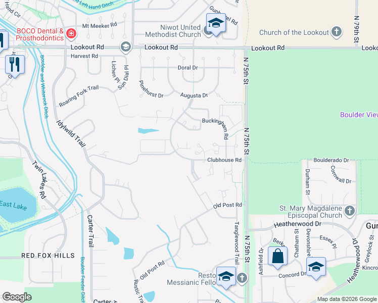 map of restaurants, bars, coffee shops, grocery stores, and more near 7298 Siena Way in Boulder