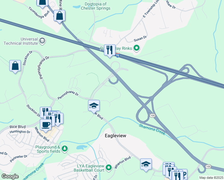 map of restaurants, bars, coffee shops, grocery stores, and more near 707 Eagleview Boulevard in Exton