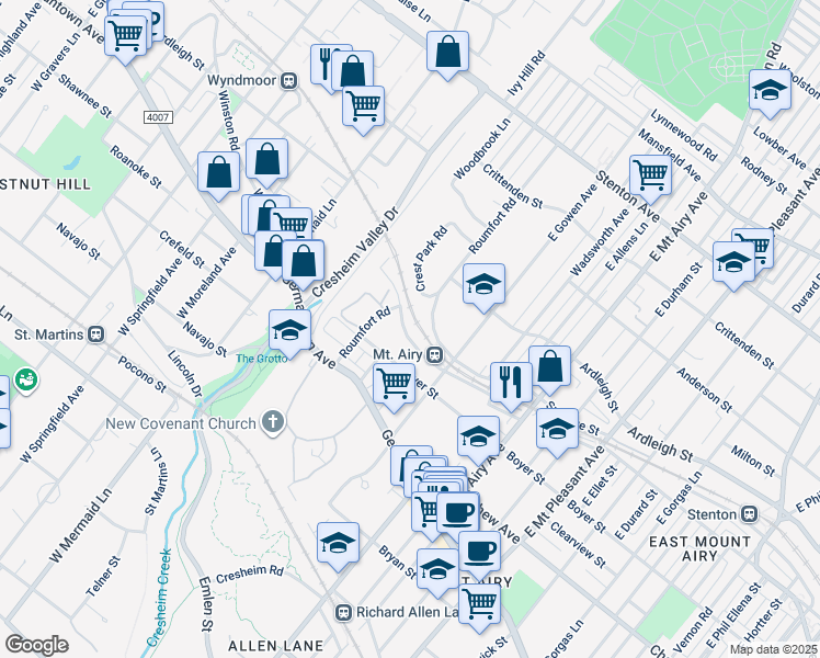 map of restaurants, bars, coffee shops, grocery stores, and more near 7441 Devon Street in Philadelphia