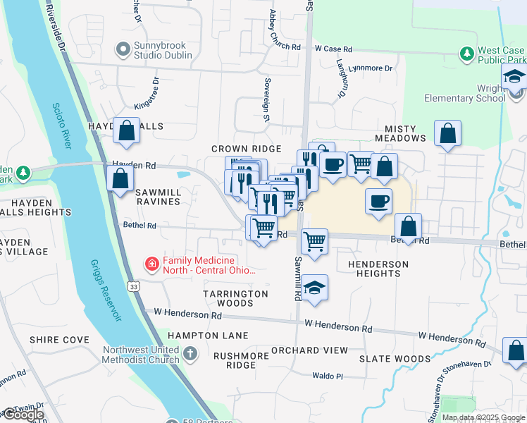 map of restaurants, bars, coffee shops, grocery stores, and more near 5420 Madden's Pointe Lane in Columbus
