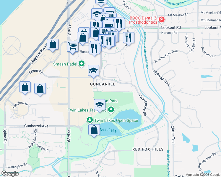 map of restaurants, bars, coffee shops, grocery stores, and more near 5126 Williams Fork Trail in Boulder