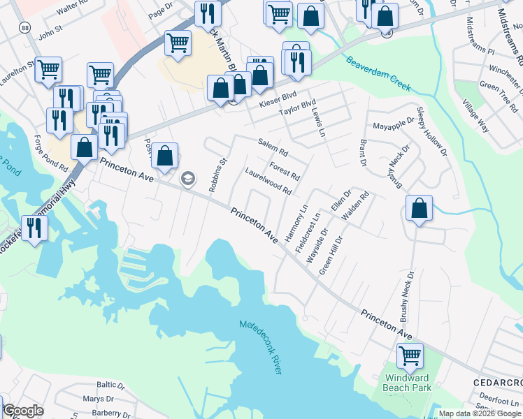 map of restaurants, bars, coffee shops, grocery stores, and more near 23 Diane Drive in Brick Township