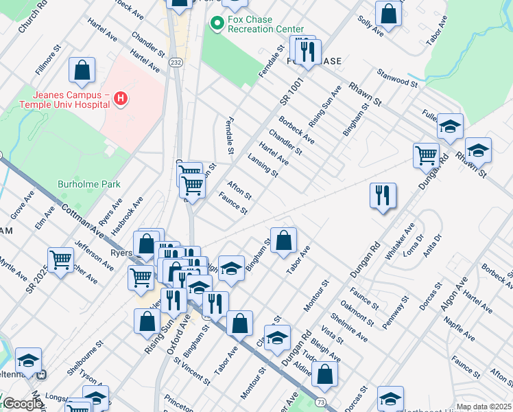 map of restaurants, bars, coffee shops, grocery stores, and more near 7624 Rising Sun Avenue in Philadelphia