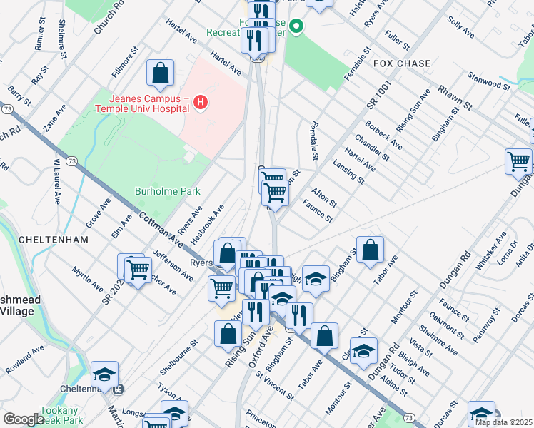 map of restaurants, bars, coffee shops, grocery stores, and more near 7492 Oxford Avenue in Philadelphia