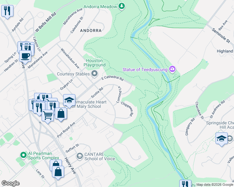 map of restaurants, bars, coffee shops, grocery stores, and more near 912 Inverness Lane in Philadelphia