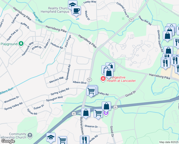 map of restaurants, bars, coffee shops, grocery stores, and more near 3036 Albern Boulevard in Lancaster