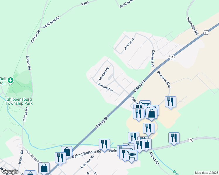 map of restaurants, bars, coffee shops, grocery stores, and more near 45 Westport Drive in Shippensburg