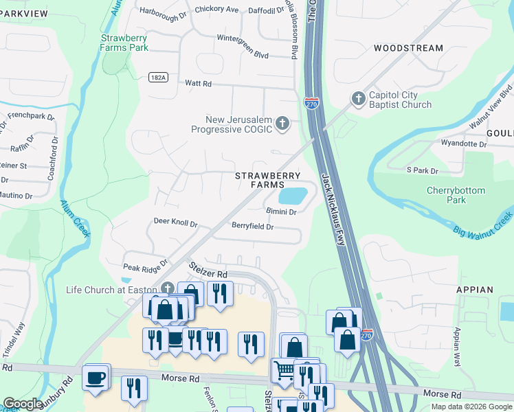 map of restaurants, bars, coffee shops, grocery stores, and more near 4569 Bimini Drive in Columbus