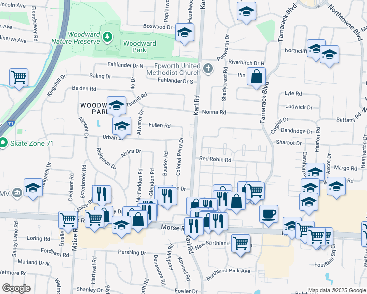 map of restaurants, bars, coffee shops, grocery stores, and more near 1492 Urban Drive in Columbus