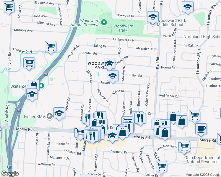 map of restaurants, bars, coffee shops, grocery stores, and more near 1321 Urban Drive in Columbus