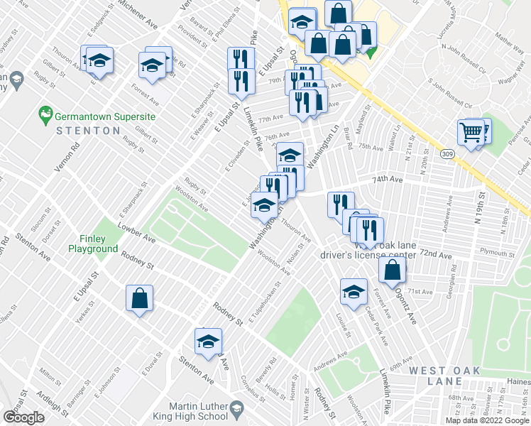 map of restaurants, bars, coffee shops, grocery stores, and more near 7410 Thouron Avenue in Philadelphia