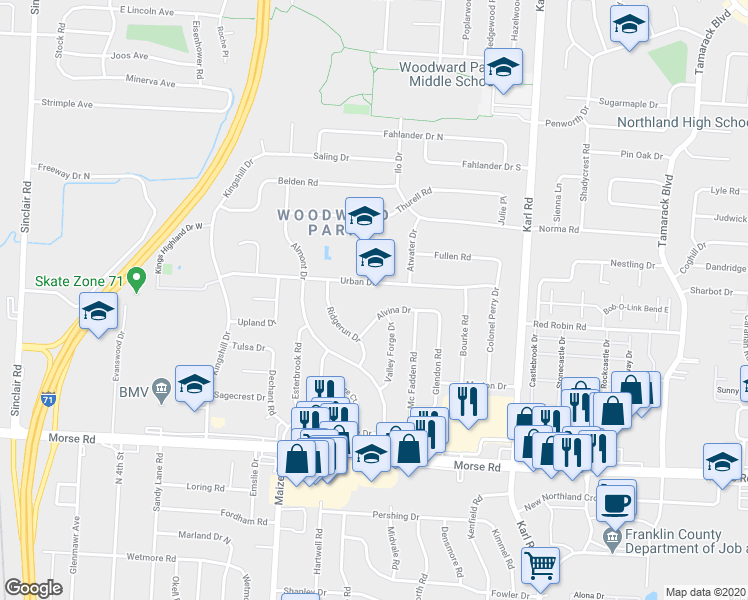 map of restaurants, bars, coffee shops, grocery stores, and more near 1321 Urban Drive in Columbus