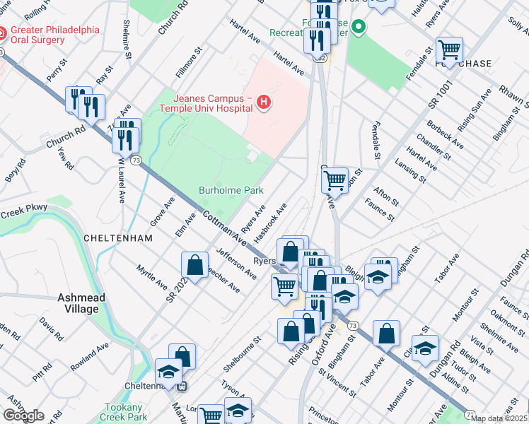 map of restaurants, bars, coffee shops, grocery stores, and more near 7321 Ryers Avenue in Philadelphia