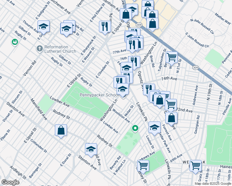 map of restaurants, bars, coffee shops, grocery stores, and more near 7410 Thouron Avenue in Philadelphia