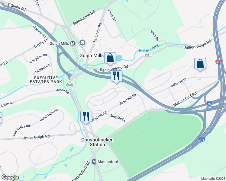 map of restaurants, bars, coffee shops, grocery stores, and more near 204 Valley Forge Lookout Place in Wayne