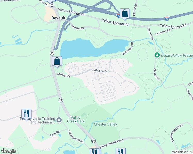 map of restaurants, bars, coffee shops, grocery stores, and more near 208 Patriots Path in Malvern