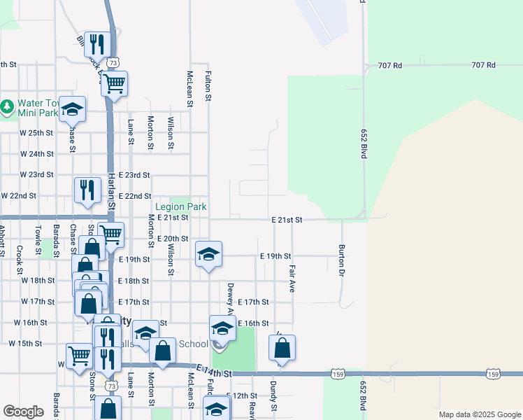 map of restaurants, bars, coffee shops, grocery stores, and more near 2142-2202 Morgan Street in Falls City