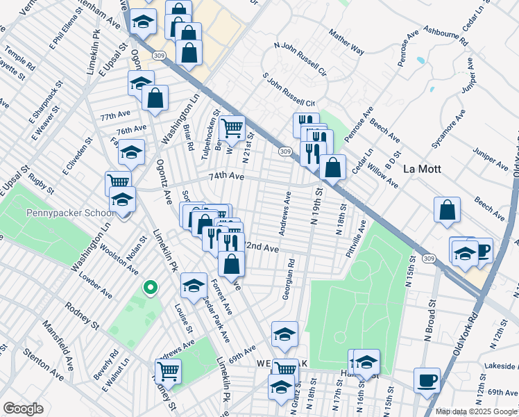 map of restaurants, bars, coffee shops, grocery stores, and more near 7305 North 20th Street in Philadelphia