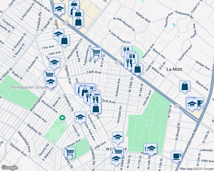 map of restaurants, bars, coffee shops, grocery stores, and more near 7305 North 20th Street in Philadelphia