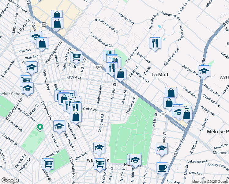 map of restaurants, bars, coffee shops, grocery stores, and more near 1841 Ashley St in Philadelphia