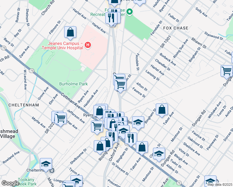 map of restaurants, bars, coffee shops, grocery stores, and more near 7492 Oxford Avenue in Philadelphia