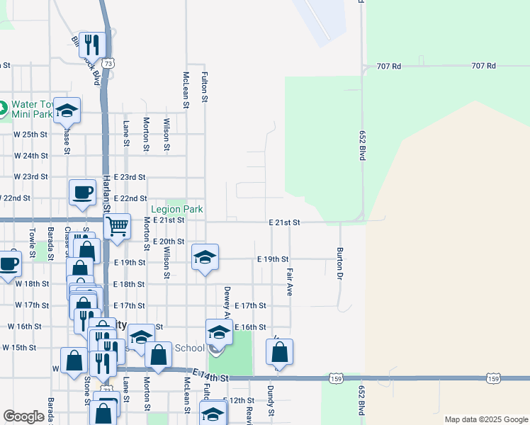 map of restaurants, bars, coffee shops, grocery stores, and more near 2142 Morgan Street in Falls City