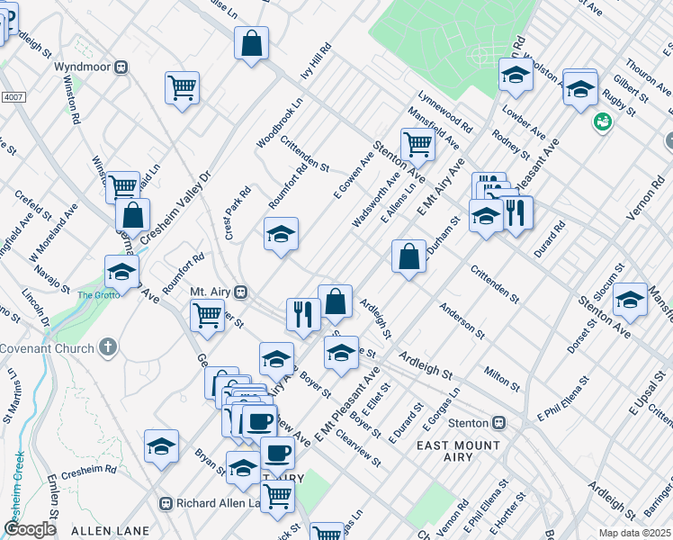 map of restaurants, bars, coffee shops, grocery stores, and more near 407 East Allens Lane in Philadelphia