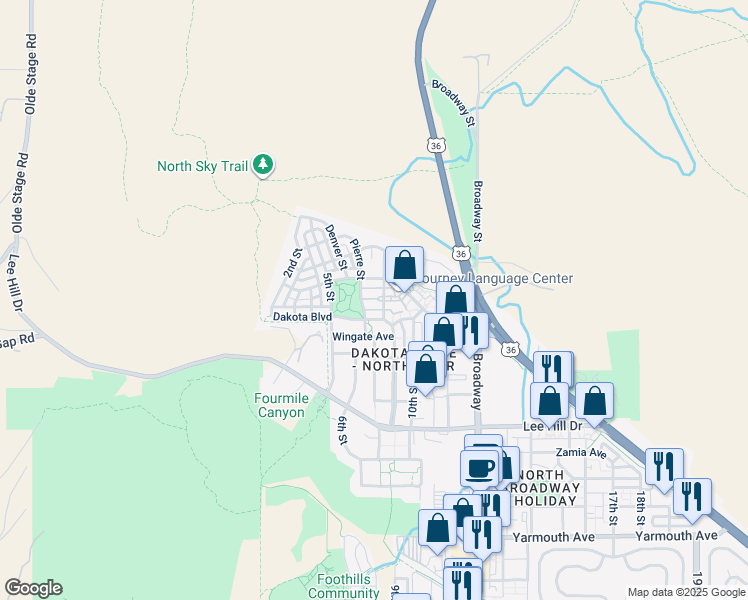 map of restaurants, bars, coffee shops, grocery stores, and more near 5060 Pierre Street in Boulder