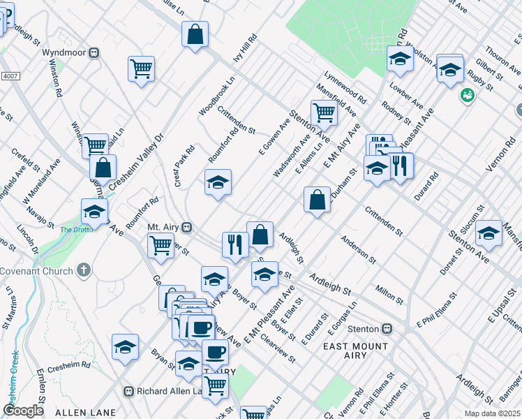 map of restaurants, bars, coffee shops, grocery stores, and more near 407 East Allens Lane in Philadelphia