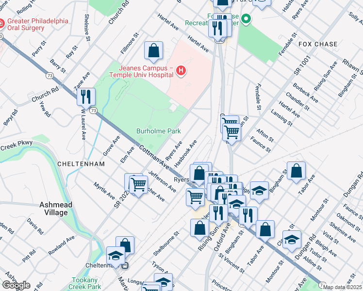 map of restaurants, bars, coffee shops, grocery stores, and more near 7321 Ryers Avenue in Philadelphia