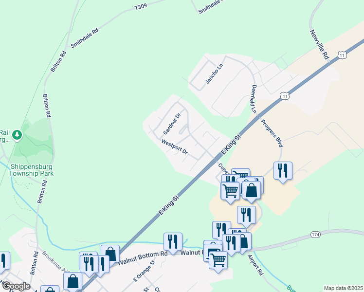 map of restaurants, bars, coffee shops, grocery stores, and more near 45 Westport Drive in Shippensburg