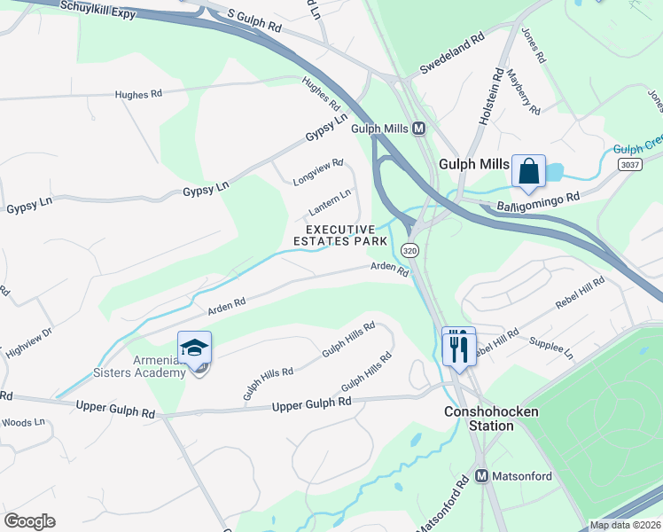 map of restaurants, bars, coffee shops, grocery stores, and more near 174 Arden Road in Conshohocken