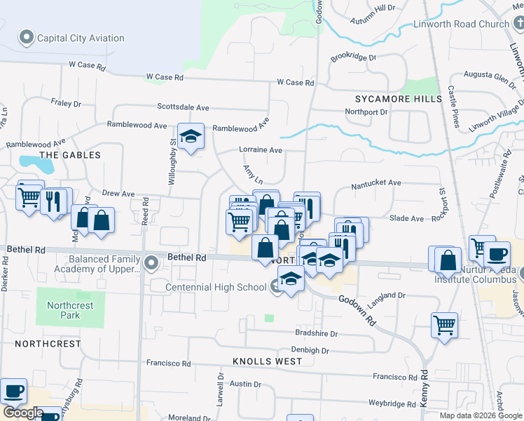 map of restaurants, bars, coffee shops, grocery stores, and more near 1484 Braeton Parkway in Columbus
