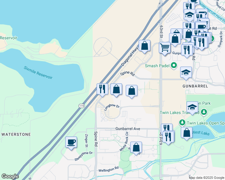 map of restaurants, bars, coffee shops, grocery stores, and more near 6000 Spine Road in Boulder