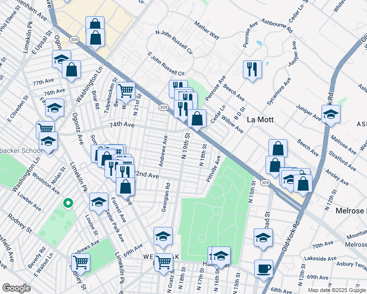 map of restaurants, bars, coffee shops, grocery stores, and more near 7334 North 19th Street in Philadelphia