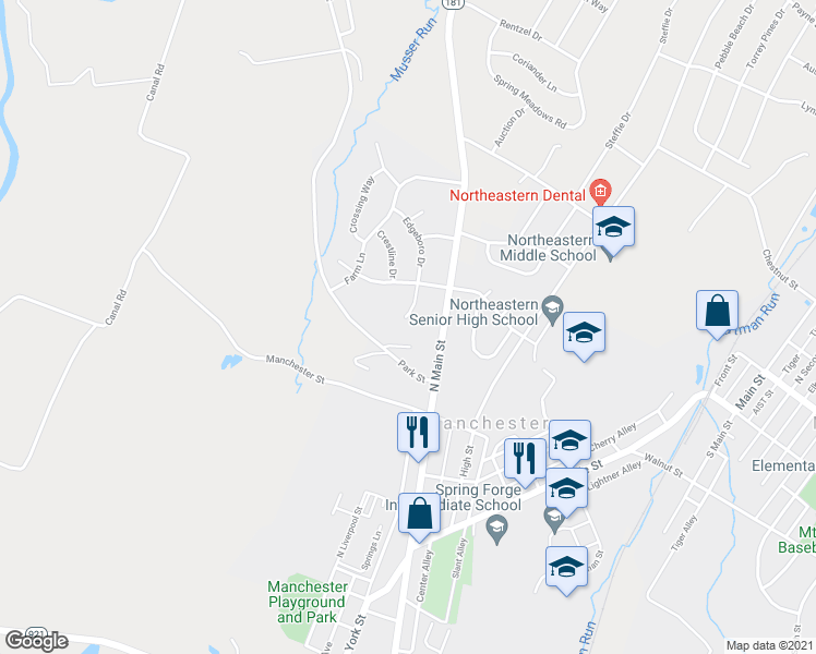 map of restaurants, bars, coffee shops, grocery stores, and more near 211 Edgeboro Drive in Manchester