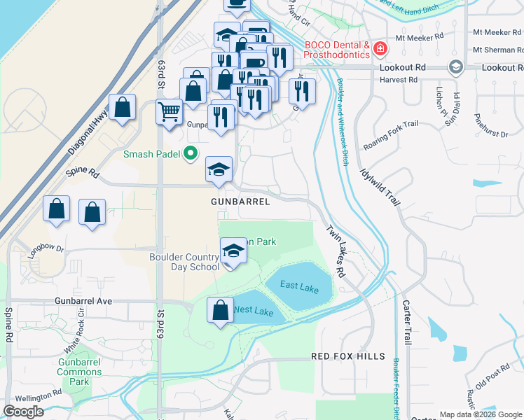 map of restaurants, bars, coffee shops, grocery stores, and more near 5126 Williams Fork Trail in Boulder