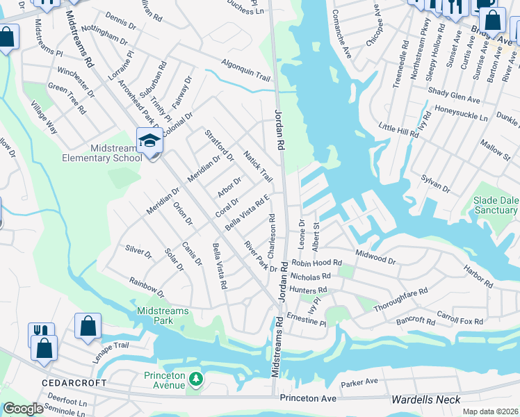 map of restaurants, bars, coffee shops, grocery stores, and more near 82 Coral Drive in Brick Township