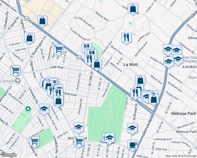 map of restaurants, bars, coffee shops, grocery stores, and more near 1800 West Cheltenham Avenue in Philadelphia
