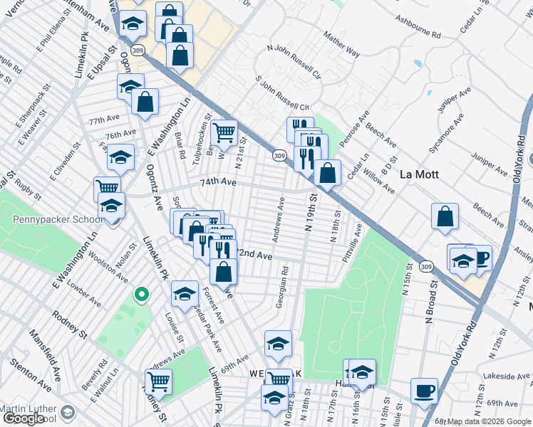 map of restaurants, bars, coffee shops, grocery stores, and more near 1983 Ashley Road in Philadelphia