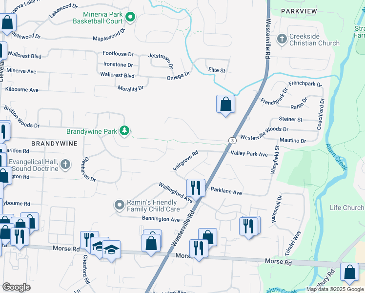 map of restaurants, bars, coffee shops, grocery stores, and more near 3092 Pittston Court in Columbus
