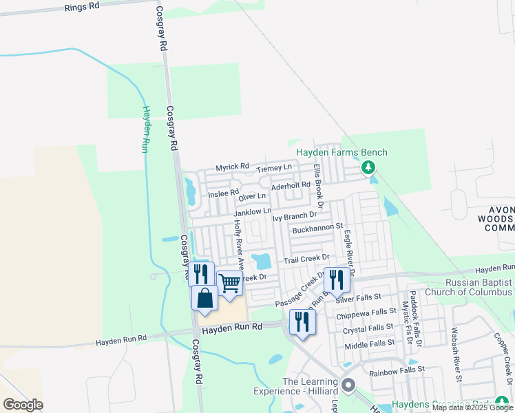 map of restaurants, bars, coffee shops, grocery stores, and more near 5953 Meehan Road in Dublin