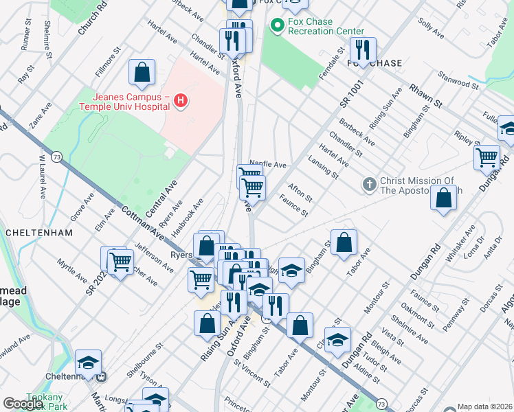 map of restaurants, bars, coffee shops, grocery stores, and more near 7528 Verree Road in Philadelphia
