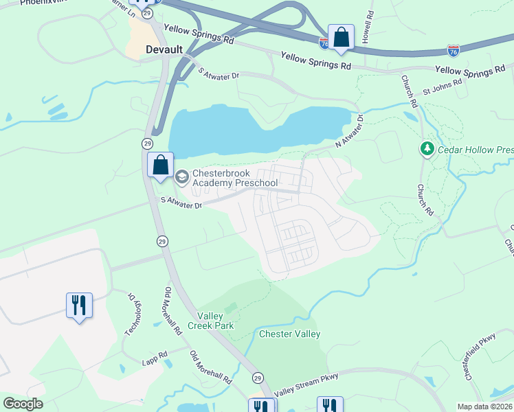 map of restaurants, bars, coffee shops, grocery stores, and more near 208 Patriots Path in Malvern