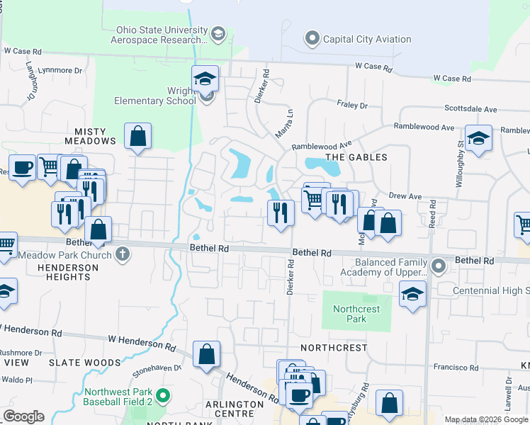 map of restaurants, bars, coffee shops, grocery stores, and more near 2186 Victoria Park Drive in Columbus