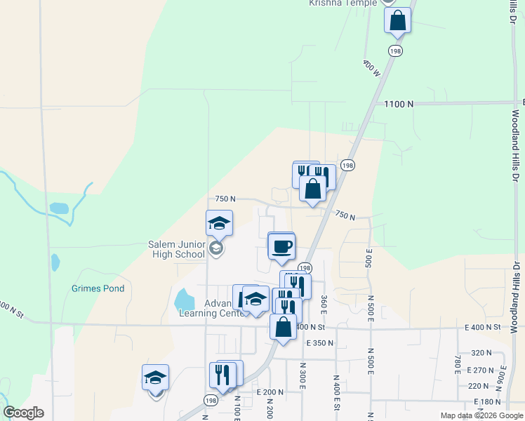 map of restaurants, bars, coffee shops, grocery stores, and more near 743 North 150 East in Salem
